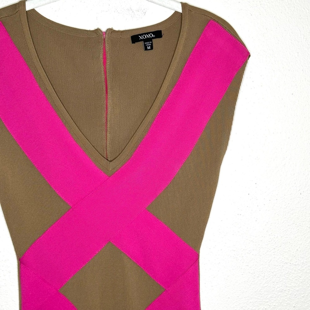 Tan and Hot Pink Bandage Bodycon Dress Sz Medium - Picture 6 of 9